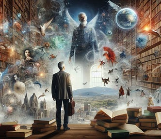 A man in his 50s stands in library towering with bookshelves and fictional literary characters, creatures and landscapes swirling around in the air.