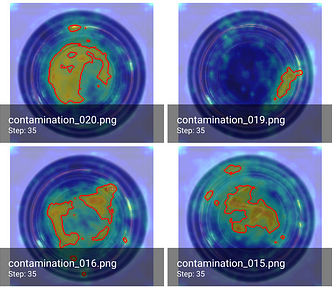 Anomaly detection graphics from a Comet + Anomalib experiment where the artificial intelligence has detected and outlined the anomalous areas of bottles.