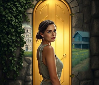 A petite, pretty woman in her early 40s stands at a golden door set in a vine-covered, stone wall. Above the door is a small clock with ornately carved minute and hour hands reading one minute past noon. One side of the wall shows scenes of Florence, Italy. The other side of the wall shows a modest farmhouse and homestead in Nebraska.