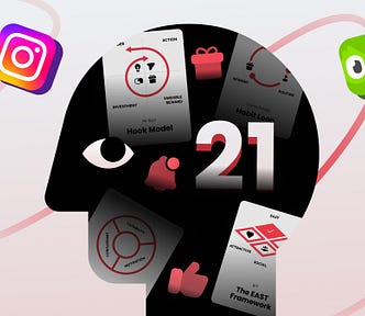 Illustration of a human head silhouette with icons of popular apps like Instagram, Spotify, Duolingo, and Reddit surrounding it, alongside behavioral design frameworks like the Hook Model and Habit Loop.