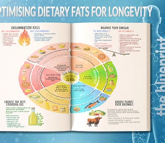 A diagram summarising the key learnings from this series on dietary fats is presented on an open double-page book spread. The book sits on a high-tech background with the words — Optimising Dietary Fats for Longevity — The Blueprint.