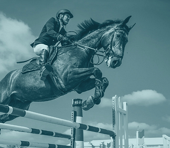 A man sits atop a black stallion as it jumps over an Oxer style horse jump.