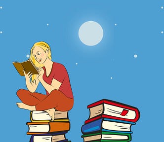 Cartoon of a woman sitting on top of a pile of books and reading