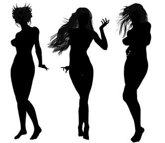 Silhouettes of five naked women
