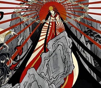 As evidenced by the Japanese flag showing the rising sun, Amaterasu Ōmikami is one of the Japanese gods and an important deity. She was born from the left eye of the progenitor god Izanagi, is the mythological ancestor of the Imperial family, and her mirror is one of the Imperial Regalia.