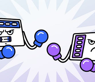 Two screens with side and top nav, facing each other, ready to fight with boxing gloves