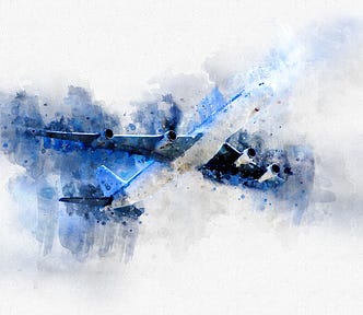 Watercolor image of a plane in the sky, painting mainly done in different hues of blue, and the plane looks a bit obscured.