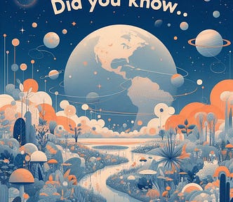 A picture of a forest with many planets showing on the background