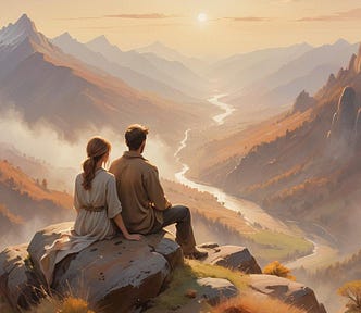 Image shows a man and a woman from the back, sitting on a rock, overlooking a valley.