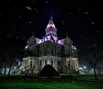 The Licking County Courthouse in a show shower.
