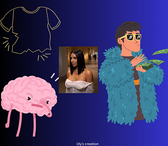 A Canva image created by the Author that shows a torn shirt, a pink “embarrassed” brain facepalming itself, a photo of Kim Kardashian, and a man wearing a fur coat and spraying some money, depicting how I have capitalized on my public wardrobe malfunction to make money. What Ado About Public Wardrobe Malfunctions?