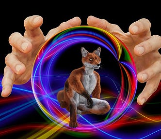 Crystal ball, humanised fox within ball, magic, enchanted, hands, mystical