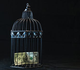 A dollar bill in the cage.E.g.