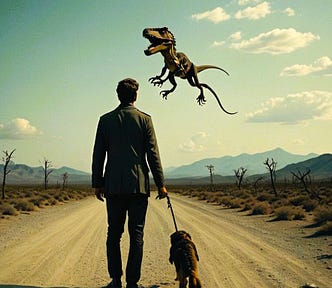 Man with a dog on a lead looking at a dinosaur jumping in the sky