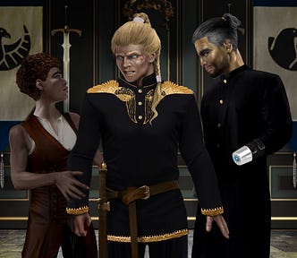 Two women and a man in a fantasy setting with flags and swords.