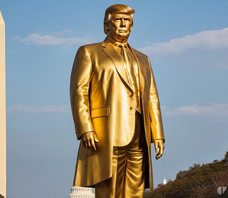 A golden statue of Trump on the US National Mall standing next to the Washington Monument. They are of a height.