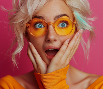 A white woman, super excited, amused, surprised, one hand over her mouth, with vivid color clothes wearing eyeglasses wearing contrasting vivid color accessories solated on vivid contrasting pink color background with space. High quality photography in the style of more realistic details and texture of, clean sharp focus, high resolution photography, the photo taken using a Canon EOS R6 Mark II camera and an RF lens showing. Color shades: pink