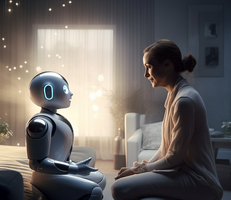 A woman conversing with a robot.