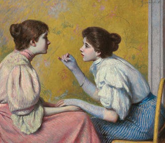 A painting of two women sitting in a room engaged in a conversation.
