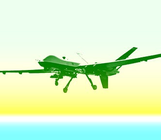 An unmanned aerial vehicle overlayed with a blue, white, and yellow filter