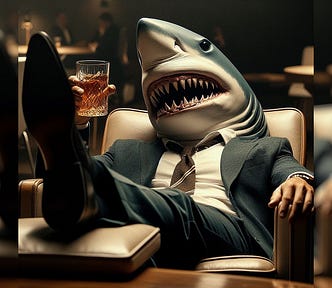 dramatic close up, floor angle shot, Shark in a pinstripe suit, sitting back relaxing in a modern art deco chair, his arm is propped up with a smug look on his face, mouth open with a slight laugh. in his other hand he holds a glass of bourbon. The scene is upscale like a magazine photo shoot and the image is analog with film grain and shallow DOF