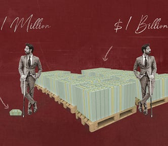 A photorealistic illustration of $1 million — a tiny pile of cash on the floor — vs $1 billion — 8 forklift pallets stacked with cash.