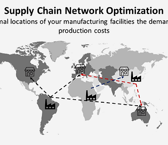 Supply Chain Network Optimization with Python: Find the optimal locations of your manufacturing facilities to meet the demand and reduce production costs. A world map highlights the locations of factories and stores connected by shipping routes. The image depicts an optimization scenario with dashed lines representing transportation paths between stores and factories.