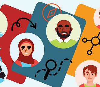 Illustrations of 6 people of different genders and ethnicities spread across a graphic divided into 3 sections. Left section contains 2 people and doodles of a target and an arrow. 1 person is between the left and middle rectangle. Middle section contains 1 person and doodles of a compass, a magnifying class, and a trail. The right section contains 2 people, connected dots, and the outline of a person reading.