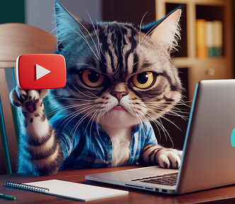 Grumpy tabby cat working on a computer and holding up a YouTube play symbol — This Free Code Replaces Pricey YouTube Keyword Tools