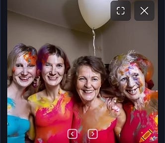 an AI generated image of for older women covered in fingerpaint with a white balloon on the ceiling
