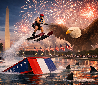 water skier at Reflecting Pool jumping over sharks with giant eagle in foreground and flags in background