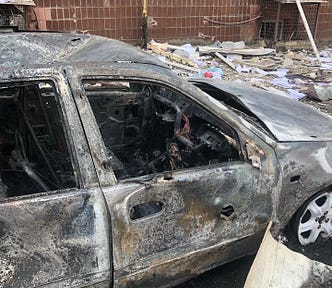 bombed car in Ukraine.