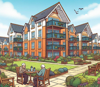 Image of possible housing for older people, with two men sat at a table in the foreground, within communal gardens