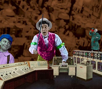 A suite of old, mainframe-style computers. Looming over them is a carny barker, waving a cane. Perched atop one of the mainframes is a skeleton in a robe, drinking a goblet of blood. On the right, a credulous, gap-toothed child in old-timey clothes grins in marvel at the barker’s pitch. The background is an out-of-focus filing room filled with ranked filing cabinets and busy clerks.
