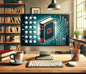 A computer sitting on a desk in an office with a book and three-star reviews on the screen