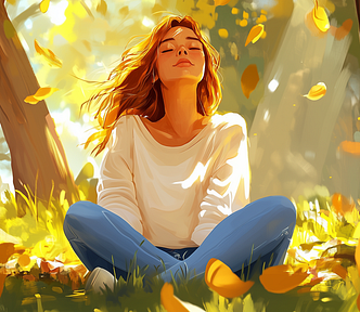 A woman sits peacefully in a sunlit park, eyes closed, with autumn leaves falling around her, enjoying a moment of calm.