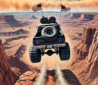 An SUV with large tires and two American flags is jumping off a cliff in a desert marked by red rock mesas and canyons.