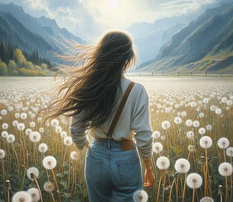 A woman standing in a field of dandelions
