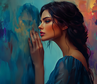 A woman in a blue dress leaning against a vivid, colorful wall, her face close to the surface, portraying deep thought and emotional connection.
