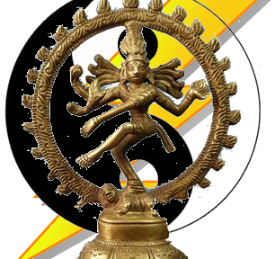 Lightning bolt, Yin/Yang Symbol, behind a “Dancing Shiva” statuette