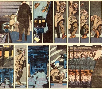 This a series of panels that is a perfect example of Bernard Krigstein’s style. The panels which show a man running away and eventually falling under a train are packed with all manner of stylistic innovations.