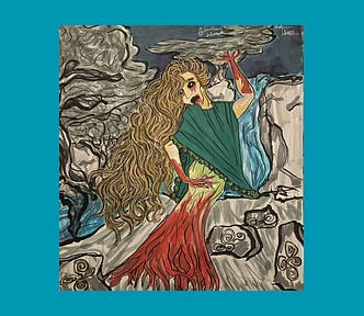 An artist’s image of the Caoineag; a mythic creature like a banshee. It’s a woman with long hair, a green tunic, blood flowing from her side.