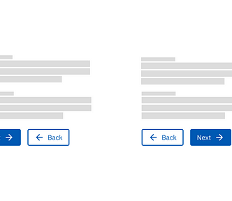 Side by side image of a template form showing a skelton-design with to call to action buttons at the bottom with next and back placed differently on each of the two examples.