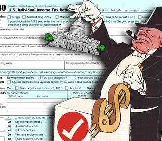 An ogrish, tophatted, cigar-chomping giant holds the US Capitol building aloft contemptuously, pinched between the thumb and forefinger of a white-gloved hand. He stands at a podium bearing the Turbotax checkmark logo, yanking a lever in the form of a golden dollar-sign. He stands before a IRS 1040 tax form.