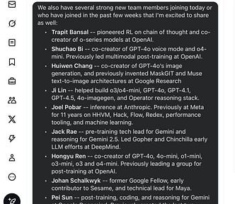 Alexandr Wang posts on X announcing he is the new Chief AI Officer at Meta, working alongside Nat Friedman. The post mentions new team members joining, including experts from OpenAI, Google DeepMind, and Anthropic. Names listed: Trapit Bansal, Shuchao Bi, Huiwen Chang, Ji Lin, Joel Pobar, Jack Rae, Hongyu Ren, Johan Schalkwyk, Pei Sun, Jiahui Yu, and Shengjia Zhao, highlighting their contributions to GPT-4, Gemini, and other major AI projects. The post ends with “Towards superintelligence 🚀”