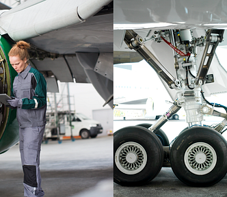 An airline maintenance worker holding a tablet inspecting an engine and a picture of the airplane wheel assembly.