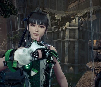 Stellar Blade’s main character Eve gives a thumbs-up to the camera while in front of a ruined cityscape.