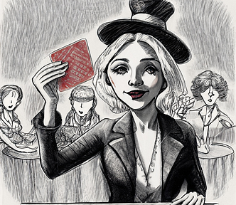 A pencil sketch of a woman in a top hat doing an obvious card trick for a skeptical audience.