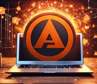 A laptop with letter A logo on display