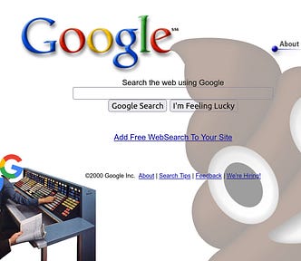 A circa 2000 Google landing page. In the bottom left corner are two serious figures seated at an elaborate electromechanical computing console. Their heads have been replaced with modern Google ‘G’ logos. Looming over the right side of the page is a poop emoji.
